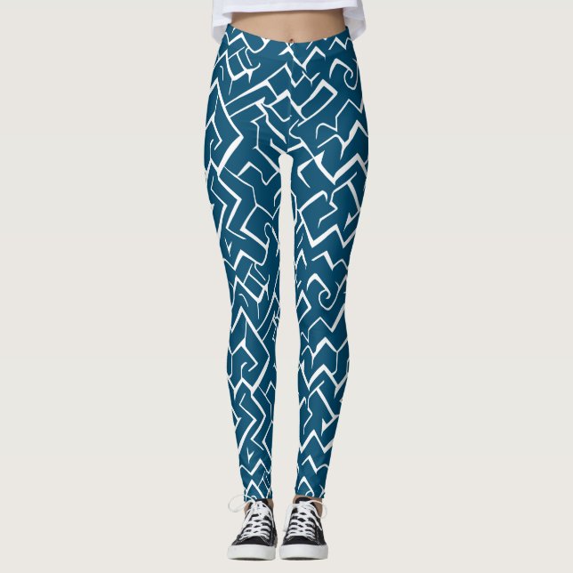Leggings Motif de méandre bleu profond et blanc | Maze mode (Devant)