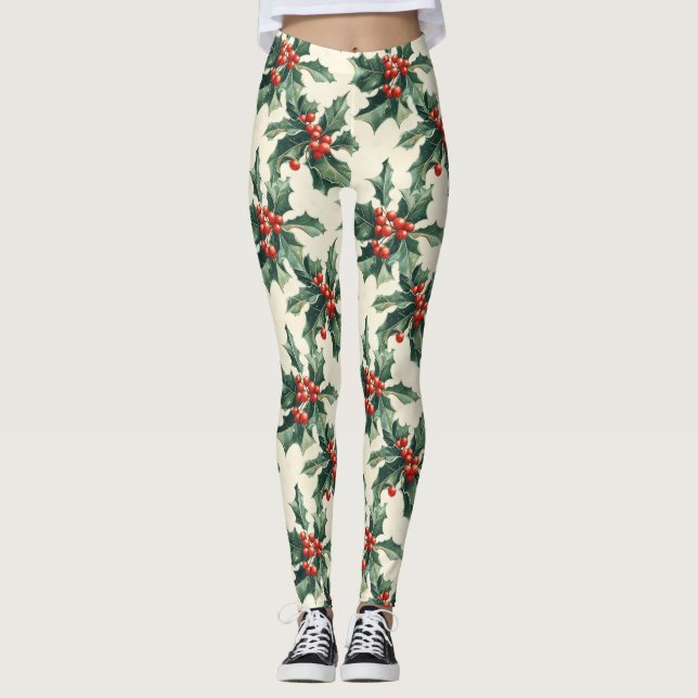 Leggings Motif de Noël avec Holly Feuilles et Red Berry (Devant)