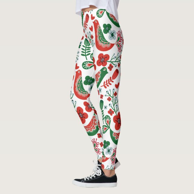 Leggings Motif de Noël scandinave w Fleurs et oiseaux (Gauche)