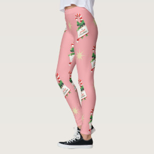 Leggings Motif de Noël vintage, cannes à sucre avec rose