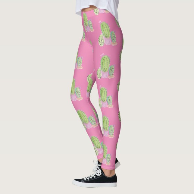 Leggings Motif de plante de pot de cactus à l'aquarelle ros (Gauche)