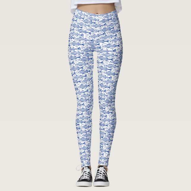 Leggings Motif de poisson - bleu marine sur blanc (Devant)