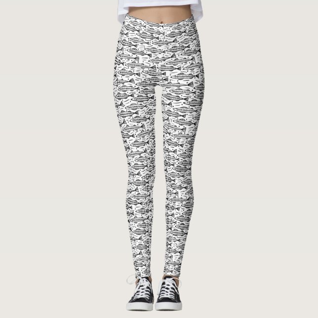 Leggings Motif de poisson noir sur blanc (Devant)