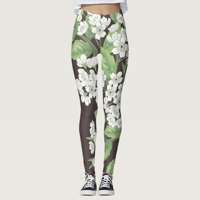 Leggings Motif de printemps, branches vertes sans soudure. (Devant)