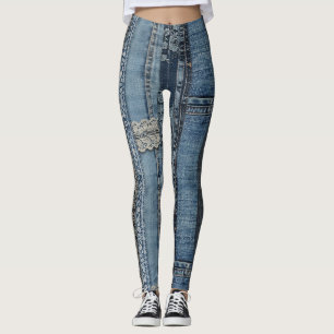 Leggings Motif de rayure en dentelle de denim indigo