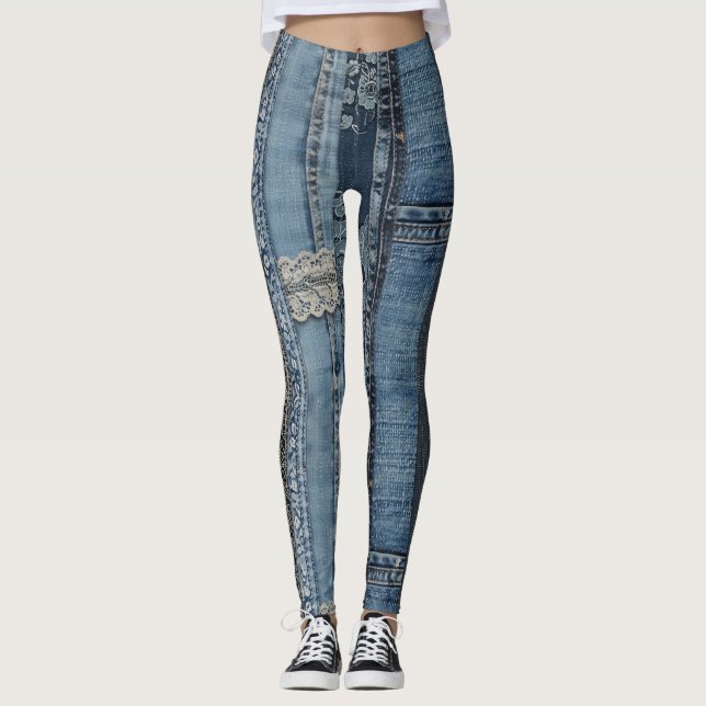 Leggings Motif de rayure en dentelle de denim indigo (Devant)
