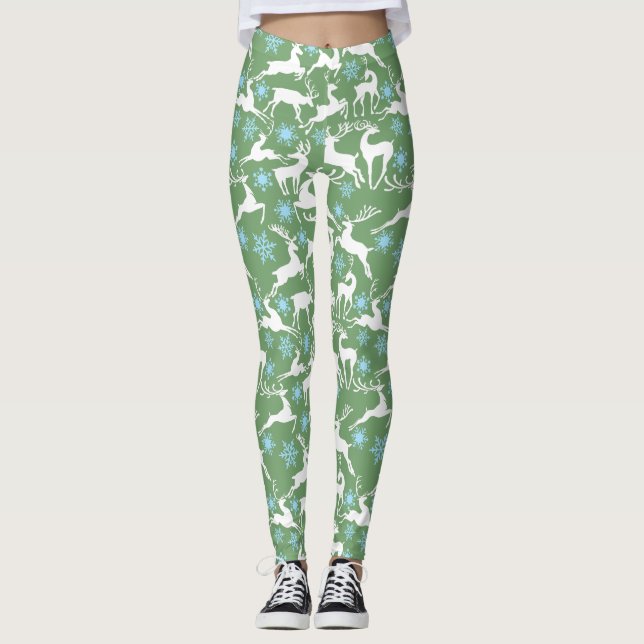 Leggings Motif de rennes de Noël, blanc 02 L Fond vert (Devant)
