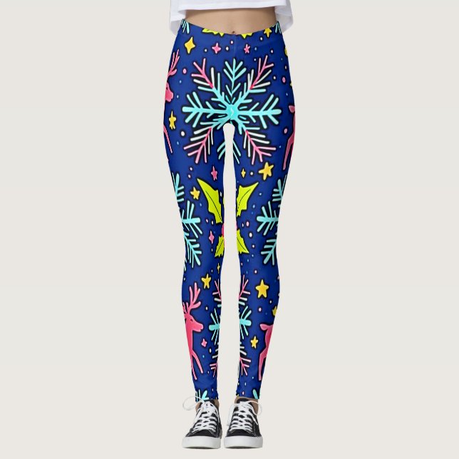 Leggings Motif de rennes de Noël bleu cool (Devant)