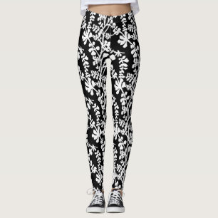 Leggings Motif de répétition Floral noir et blanc