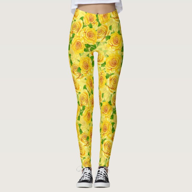 Leggings Motif de rose d'aquarelle jaune (Devant)