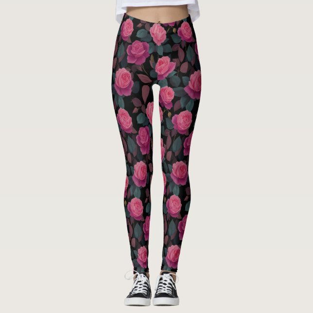 Leggings Motif de rose rose foncé florale (Devant)