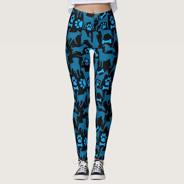 Leggings Motif de silhouette de chien.Bleu.04 BG noir (Devant)