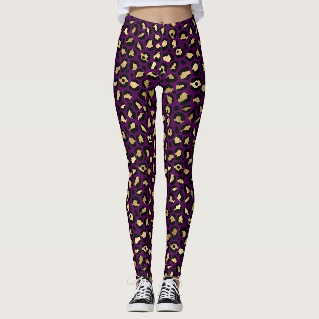 Leggings Motif de taches Leopard violet et or élégant (Devant)