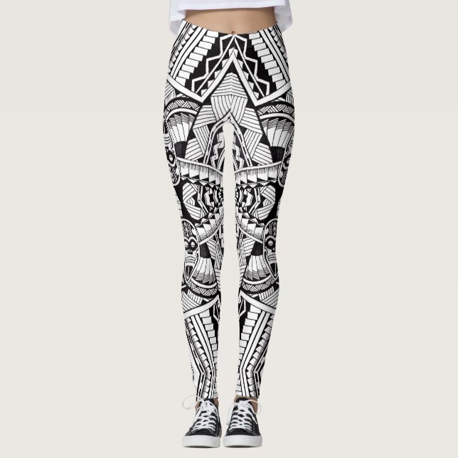 Leggings Motif de tatouage Tribal Noir et Blanc Moderne (Devant)