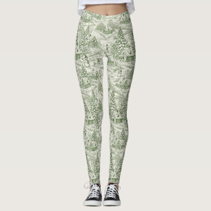 Leggings Motif de village de Noël vintage toile verte