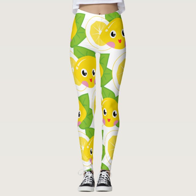 Leggings Motif de visage d'émoji de citrons mignons (Devant)