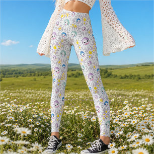 Leggings Motif de visages de poupée lilas dans des margueri