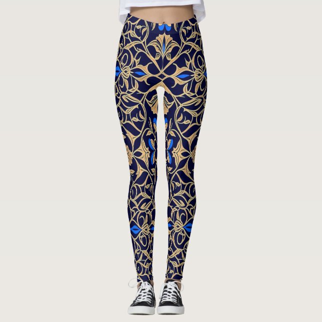 Leggings Motif d'élégance florale bleu royal et or (Devant)