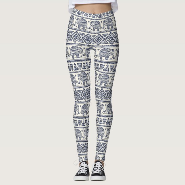 Leggings Motif d'éléphant ethnique bleu (Devant)