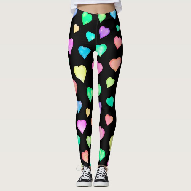 Leggings Motif des Coeurs colorés noirs (Devant)