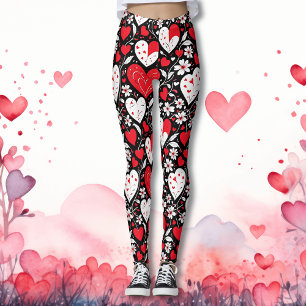 Leggings Motif des Coeurs et Fleurs rouges, noirs et blancs