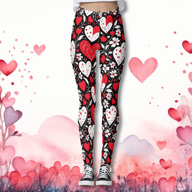 Leggings Motif des Coeurs et Fleurs rouges, noirs et blancs (Créateur téléchargé)