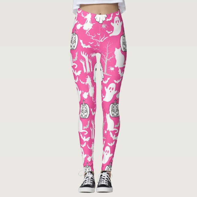 Leggings Motif d'Halloween. Éffrayant et mignon.b Pink BG (Devant)