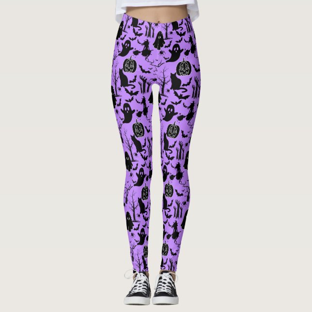Leggings Motif d'Halloween. Effrayant et mignon. Fond viole (Devant)