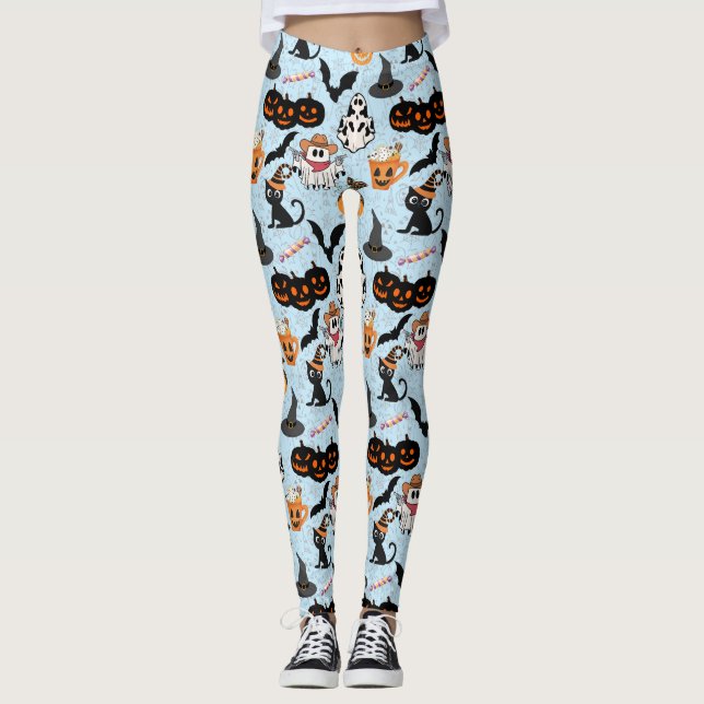 Leggings Motif d'Halloween. Éffrayant et mignon L Bleu BG (Devant)