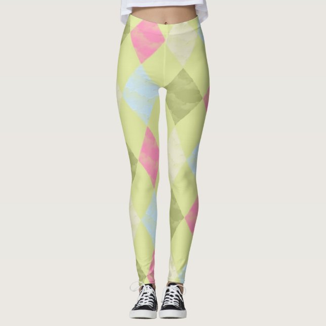 Leggings Motif diamant Jacquard vert, bleu et rose (Devant)