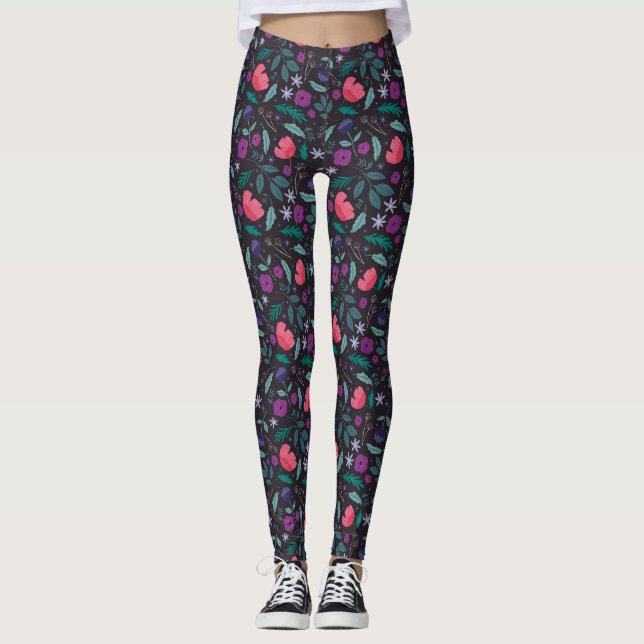 Leggings Motif d'illustrations florales rose et violet (Devant)
