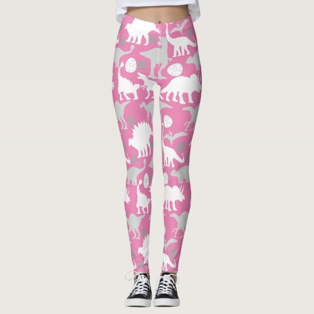 Leggings Motif Dino Gris L Fond Rose (Devant)