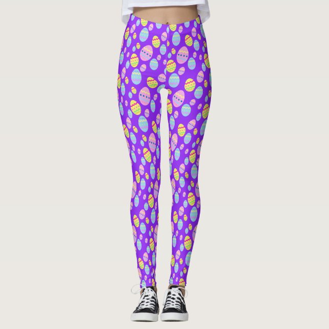 Leggings Motif d'oeufs de Pâques pastel sur fond violet (Devant)
