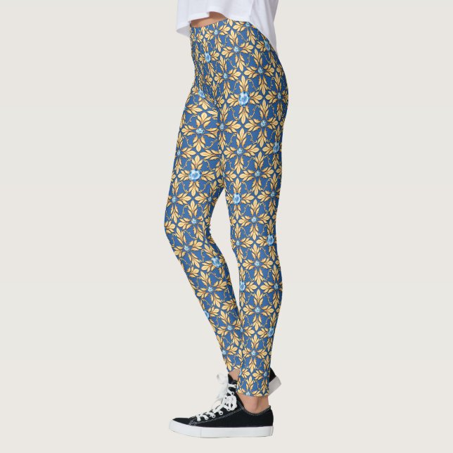 Leggings Motif doré sans couture avec pierres bleues 1 (Gauche)