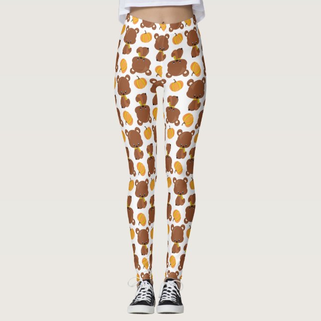 Leggings Motif D'Ours, Ours Mignons, Automne, Citrouille (Devant)