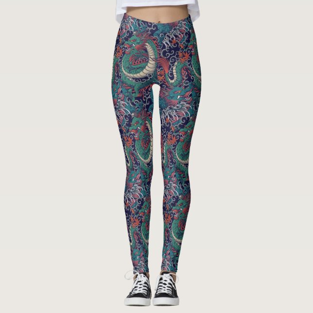 Leggings Motif Dragon Rouge Vert Japonais (Devant)