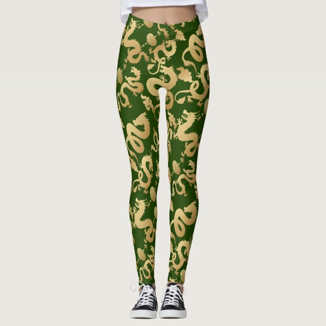 Leggings Motif Dragons Dorés D Fond Vert (Devant)