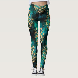 Leggings Motif du Mandala Dharma de la Galaxie Or et Vert