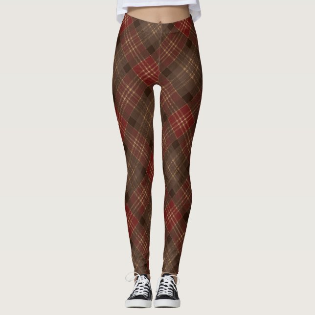 Leggings Motif écossais Brown Red Tartan Plaid (Devant)