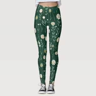 Leggings Motif élégant de fleurs sauvages sur fond vert fon