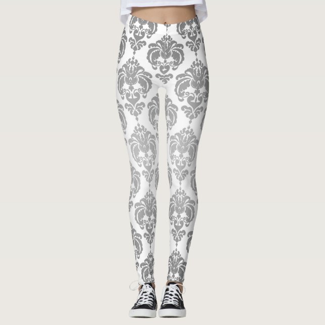 Leggings Motif élégant moderne chic damassé argent et blanc (Devant)