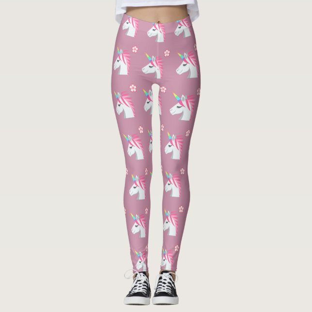 Leggings Motif Emoji Fleur Unicorne Rose Cute Girl (Devant)