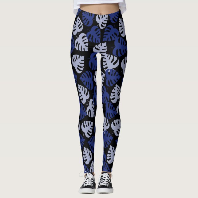 Leggings Motif en feuille de monstère bleu et gris sur noir (Devant)
