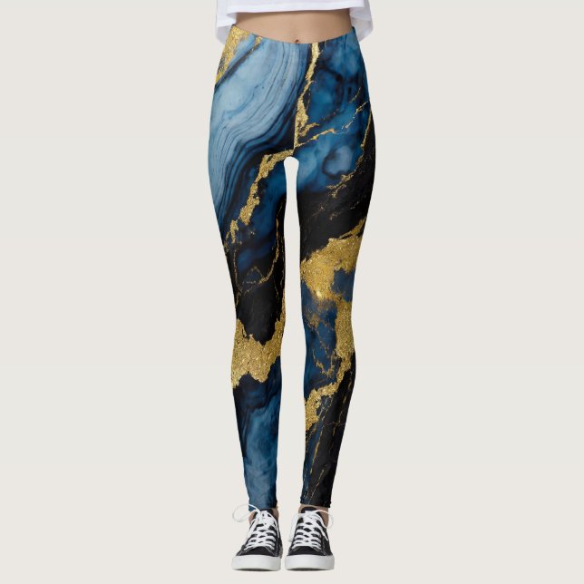Leggings Motif en marbre bleu avec or (Devant)