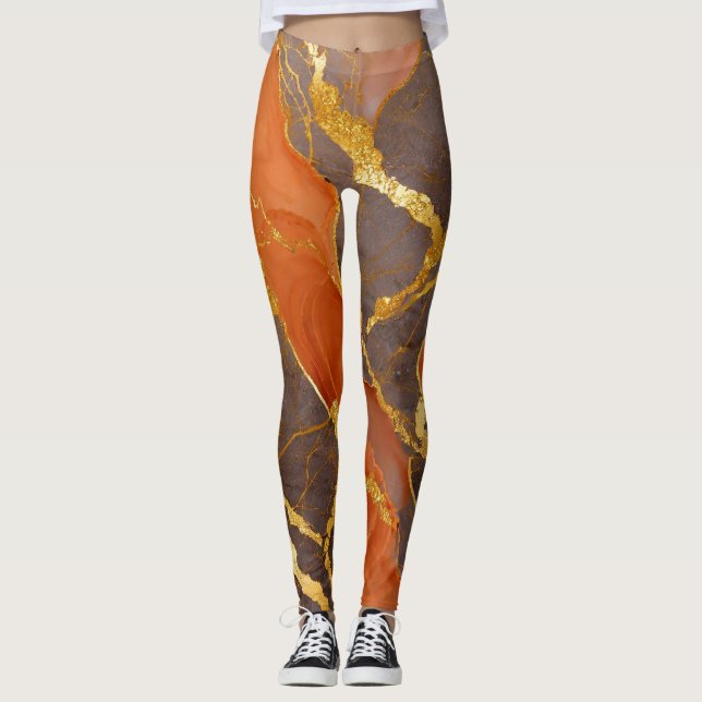 Leggings Motif en marbre orange avec or (Devant)