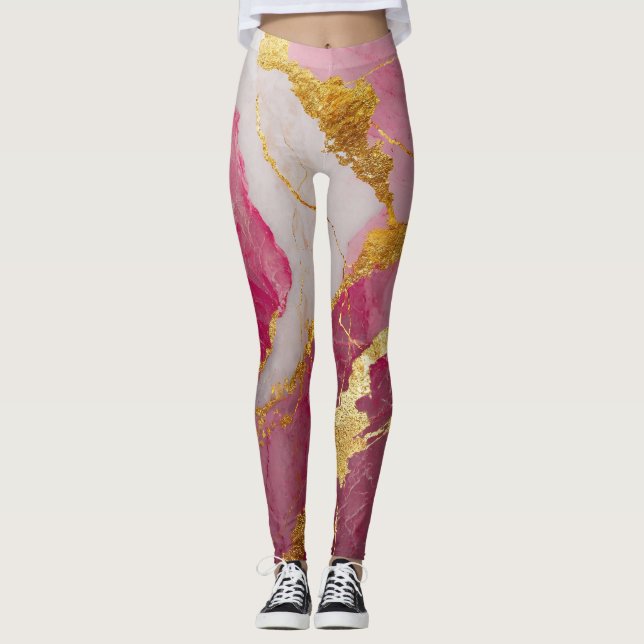 Leggings Motif en marbre rose avec or (Devant)