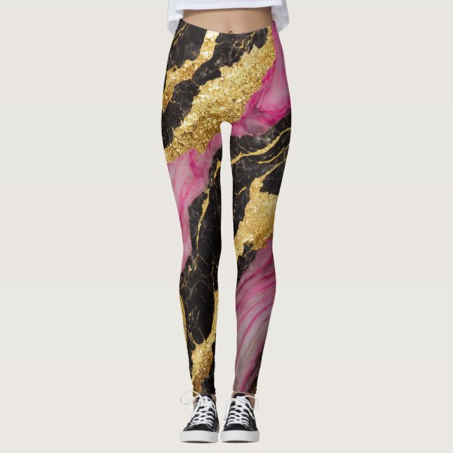 Leggings Motif en marbre rose noir avec or (Devant)