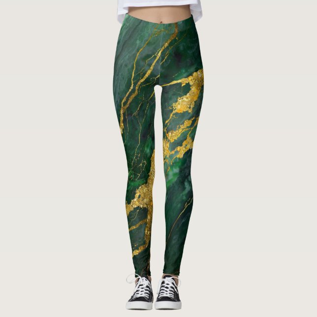 Leggings Motif en marbre vert avec or (Devant)