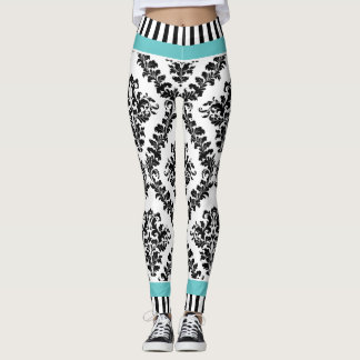 Leggings Motif et rayures Aqua et noir blanc damassé