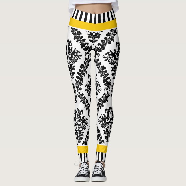 Leggings Motif et rayures damassé jaune et noir blanc (Devant)